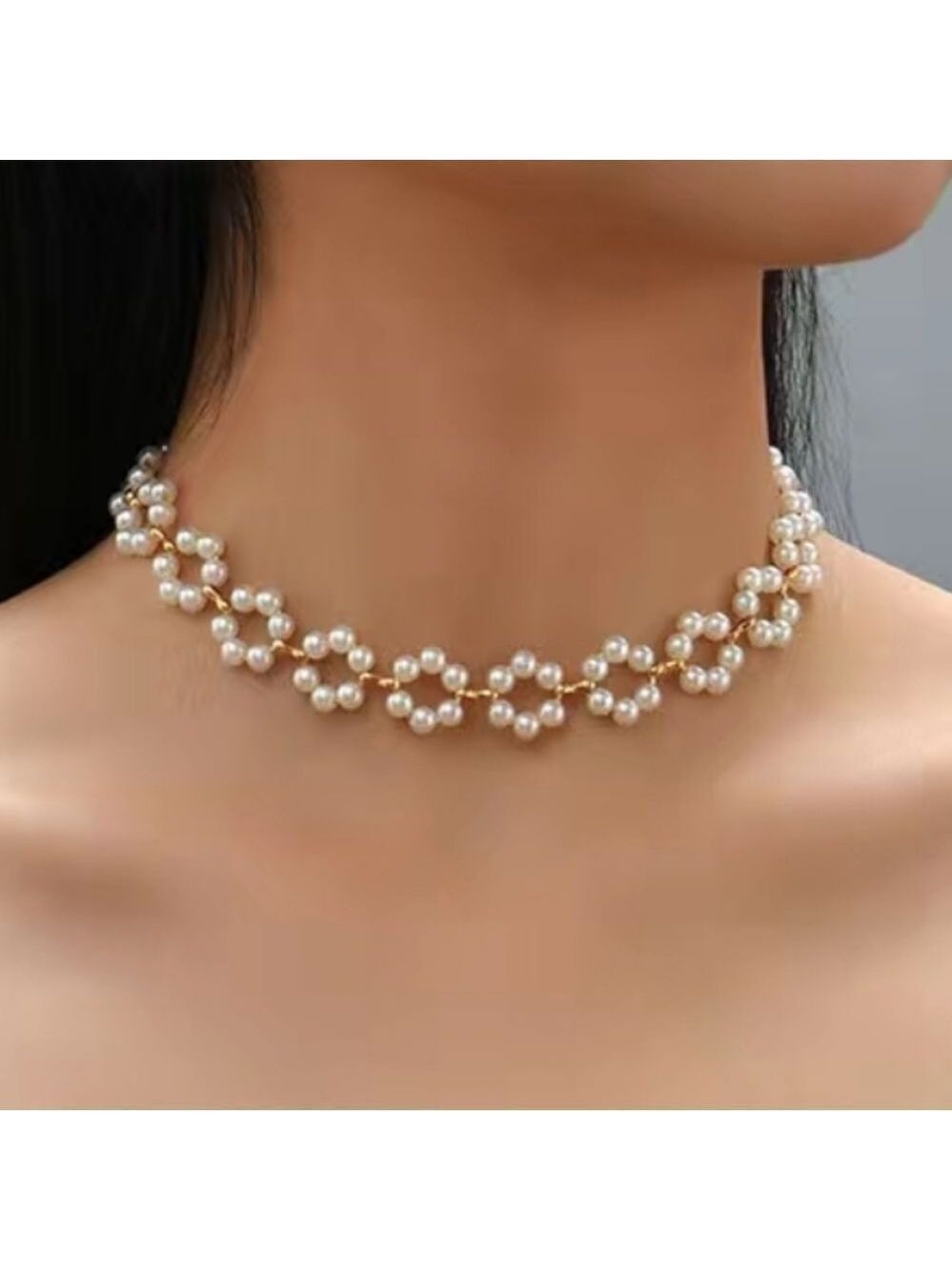 Flower Faux Pearl Braid Choker Necklace